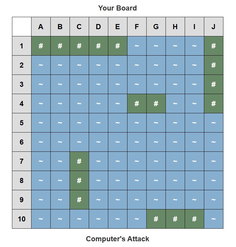 Image of player board filled with manually placed ships (ships are green)